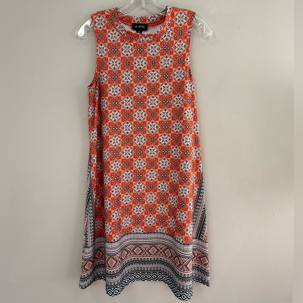 A.Beyer Women’s Sleeveless Orange, Peach, Gray Printed Sleeveless Dress- Size M